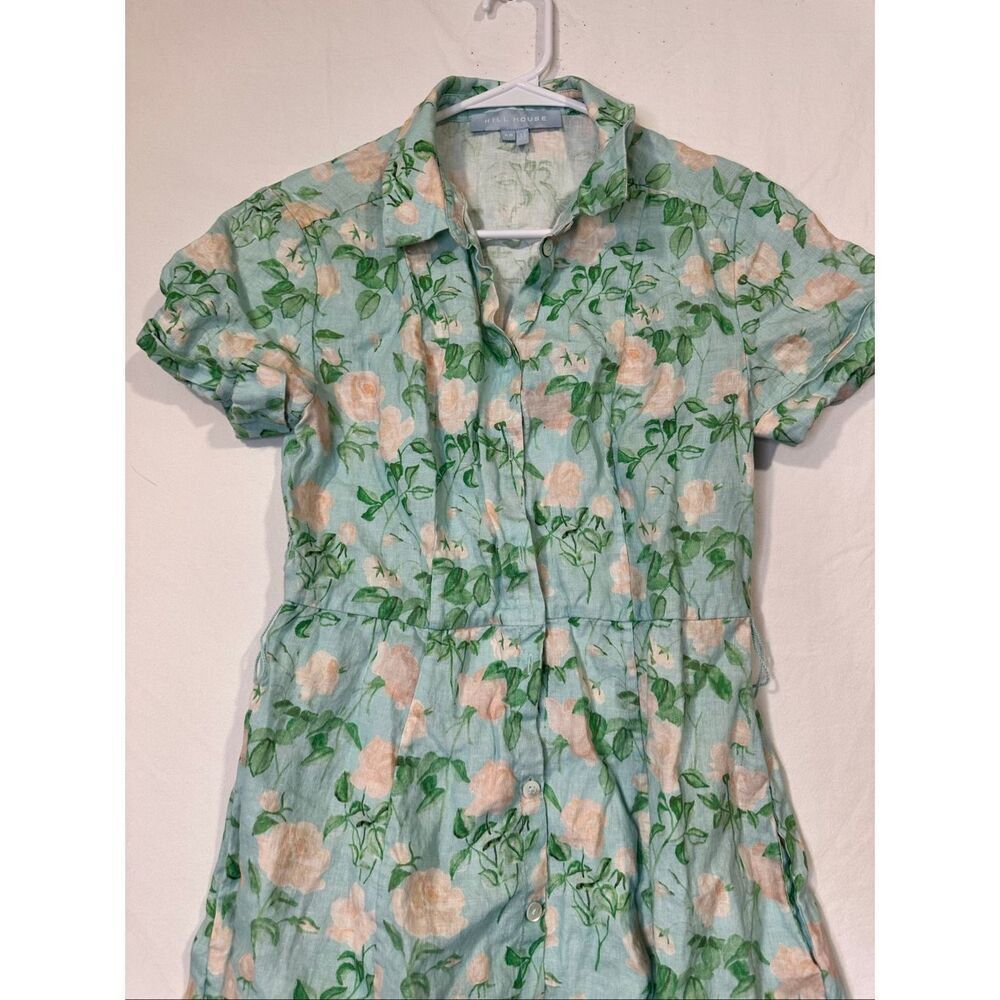 Hill House Dress Lauren Knee-Length Button Down Blue Roses Linen Size XS - Picture 3 of 8